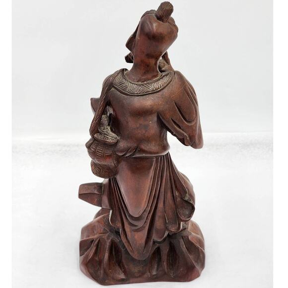 Vintage Asian Chinese Fisherman Hand Carved Wooden Sculpture Sage Elder Fish 12" - Picture 9 of 16